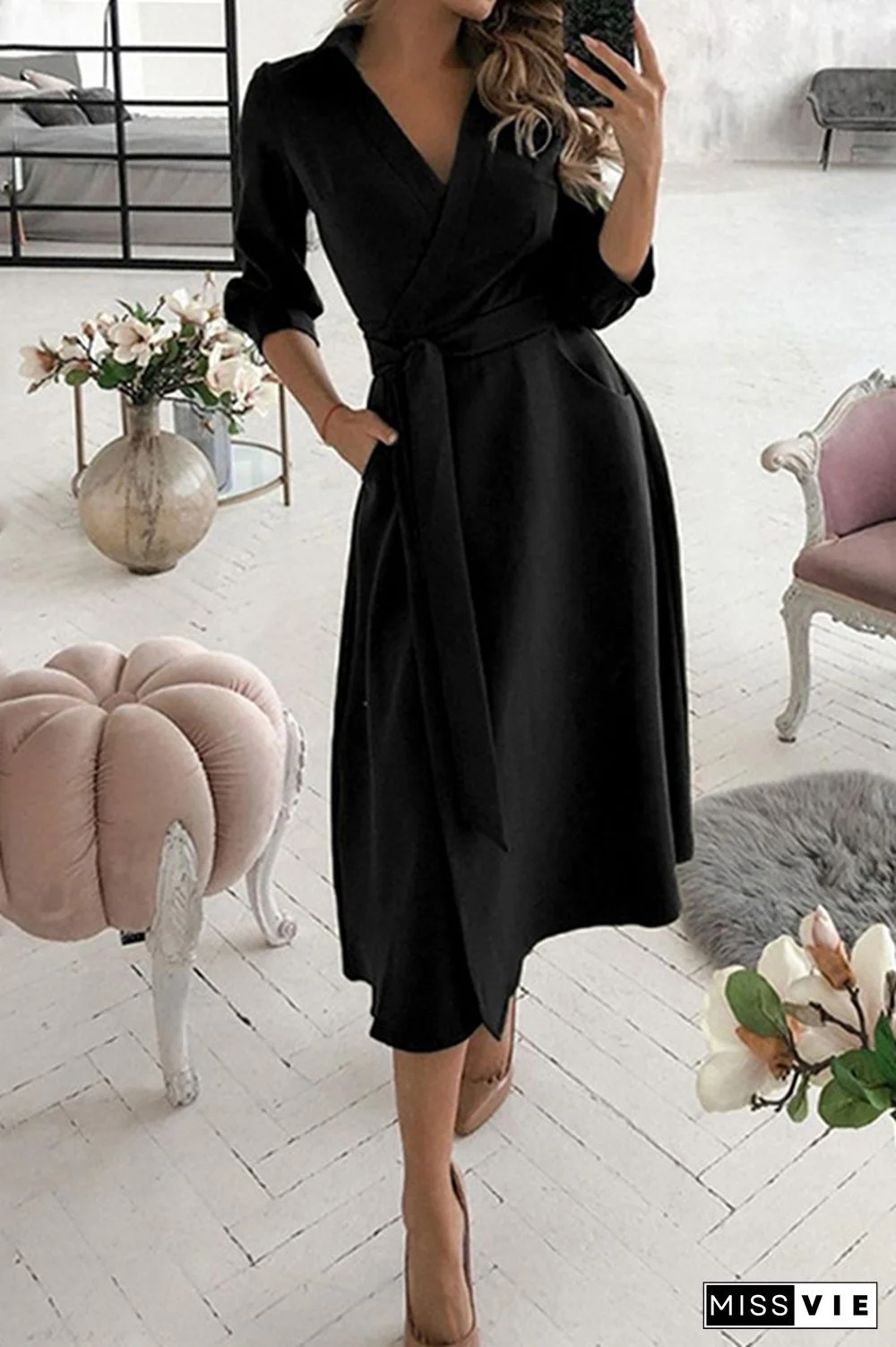 Fashion Elegant Print Solid Patchwork Frenulum V Neck A Line Dresses(10 Colors)