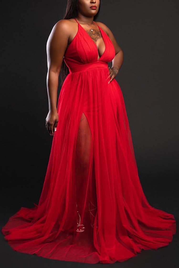 Xpluswear Plus Size Red Party V Neck High Slit Sleeveless Mesh Maxi Dress