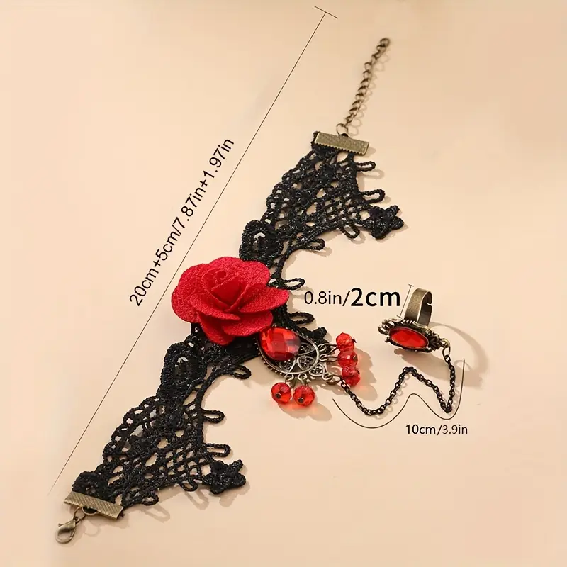 vintage halloween red rose design bracelet ring integrated mitten bracelet party decoration accessories details 3