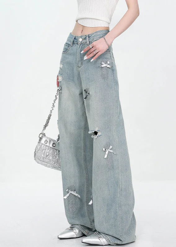 New Blue Bow Hole High Waist Denim Pants Fall