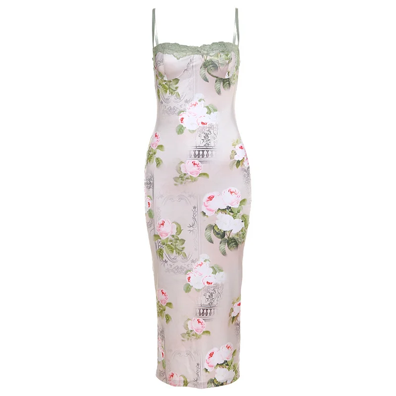 Ueong Summer New Women's Dress With A One-Line Collar Lace Stitching Print Slim Dress Woman