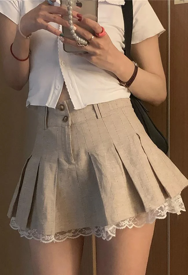 Brownm Cotton Linen Pleated Mini Skirt