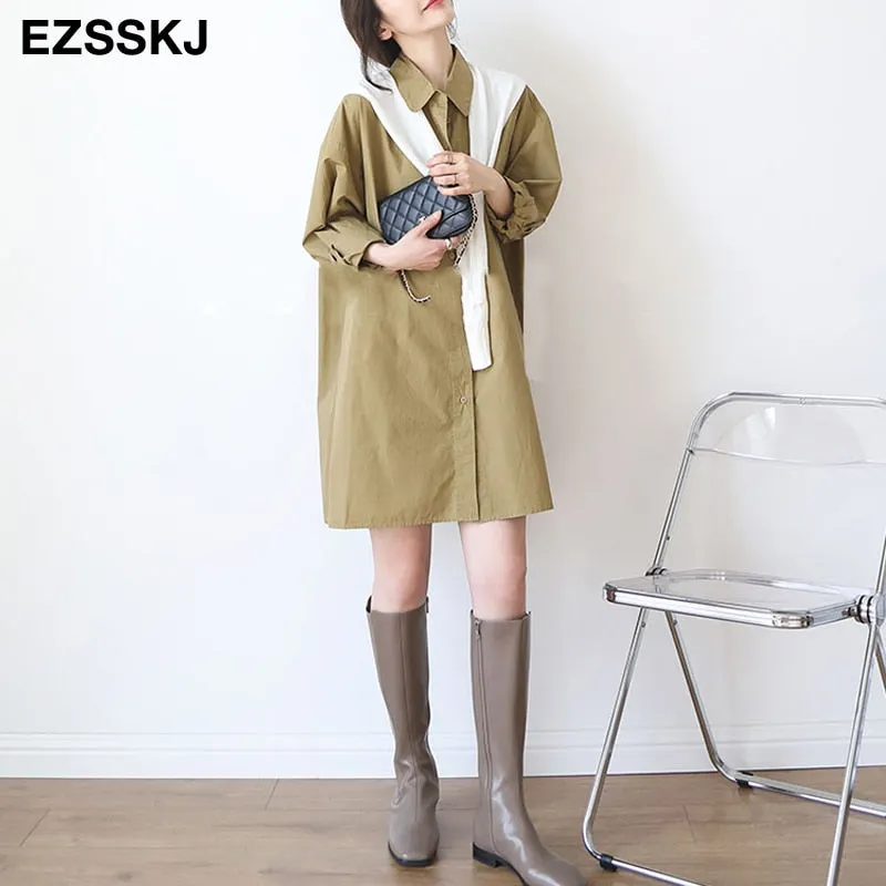 Spring Summer Blouses Shirts dress women A-LINE midi blouse dress Female green white Oversized Shirts dress long sleeve