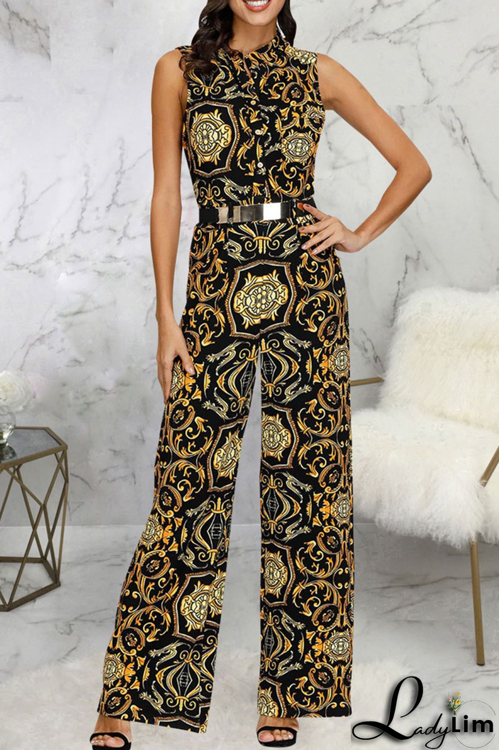 Black Yellow Casual Print Patchwork Buckle Mandarin Collar Straight Jumpsuits