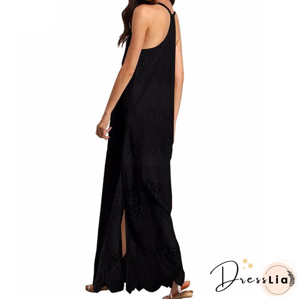 Vacation Spaghetti Strap Mesh Lace Side Split Maxi Beach Dresses Cover Ups