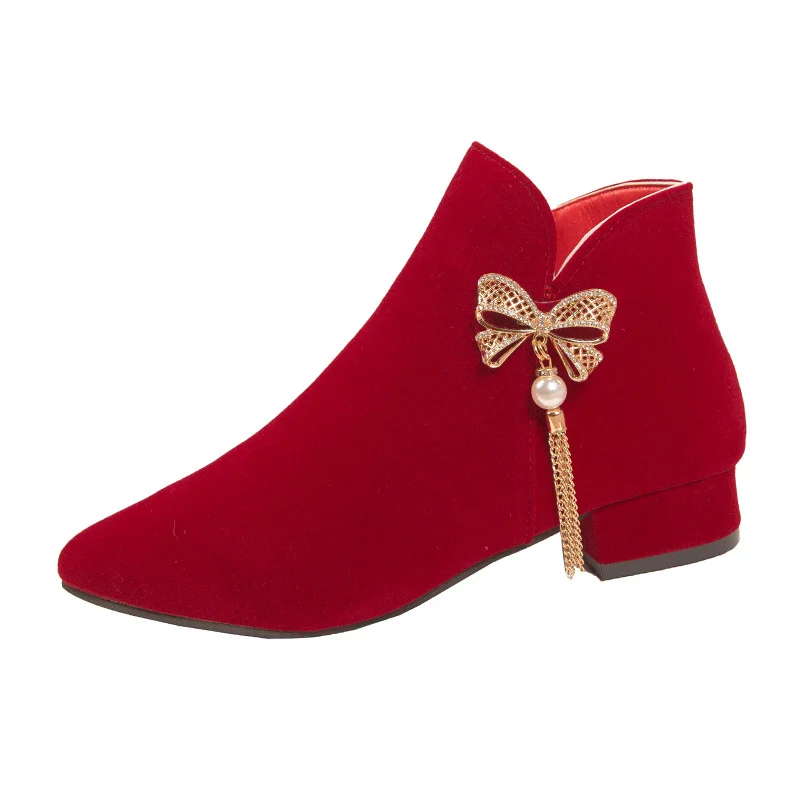 Tanguoant Tanguoant New Bow Water Diamond String Beads Wedding Shoes Korean Version Tassel Thick Heel Comfortable Bride Boots Wine Red Fashion Boots