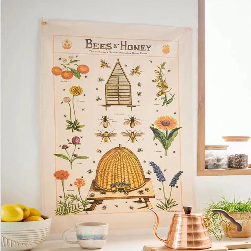 Bees And Honey Tapestry Wall Hanging Vintage Bees Reference Chart Hippie Bohemian Tapestries Colorful Psychedelic INS Home Decor