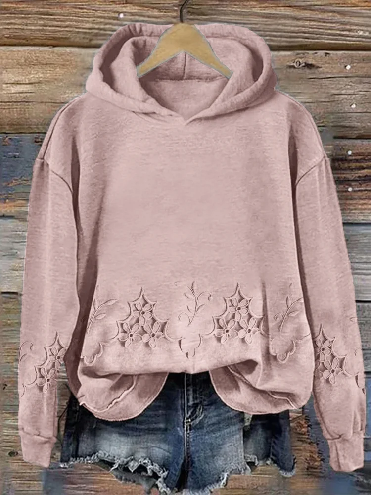 Cottage Floral Embroidered Hollow Lace Cozy Hoodie