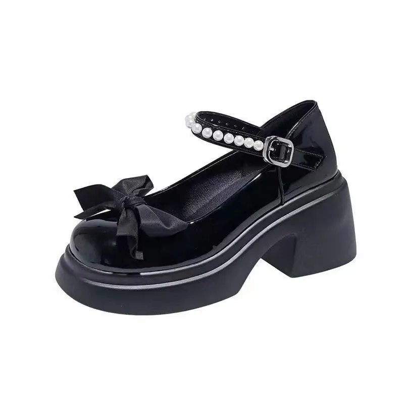 Breakj Breakj Jane Small Leather Shoes Women Thick Soles Raised Sweet Bows Shallow Single Shoes Buckle English Style Women's Shoes