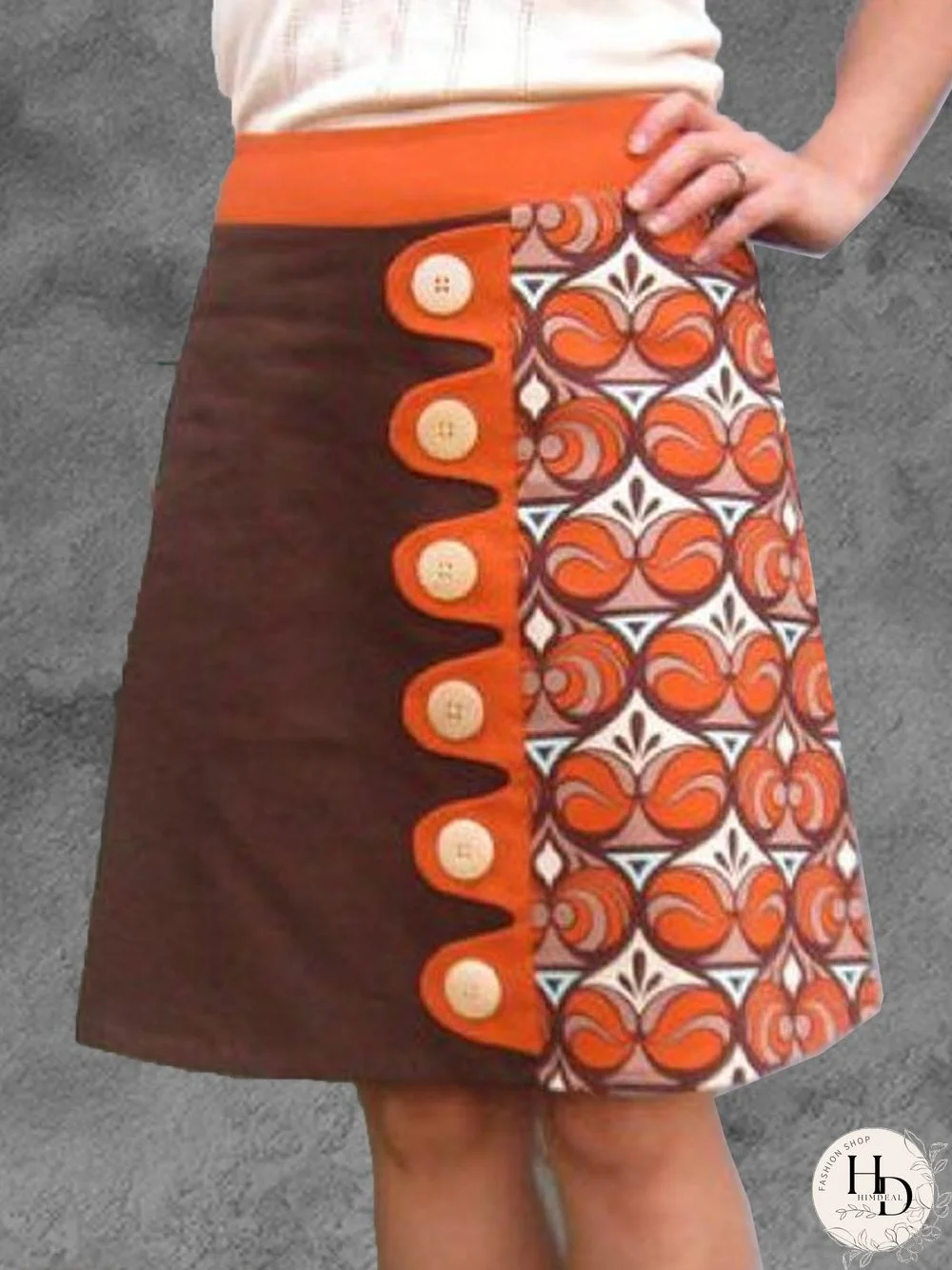 Orange Casual A-Line Floral-Print Skirt