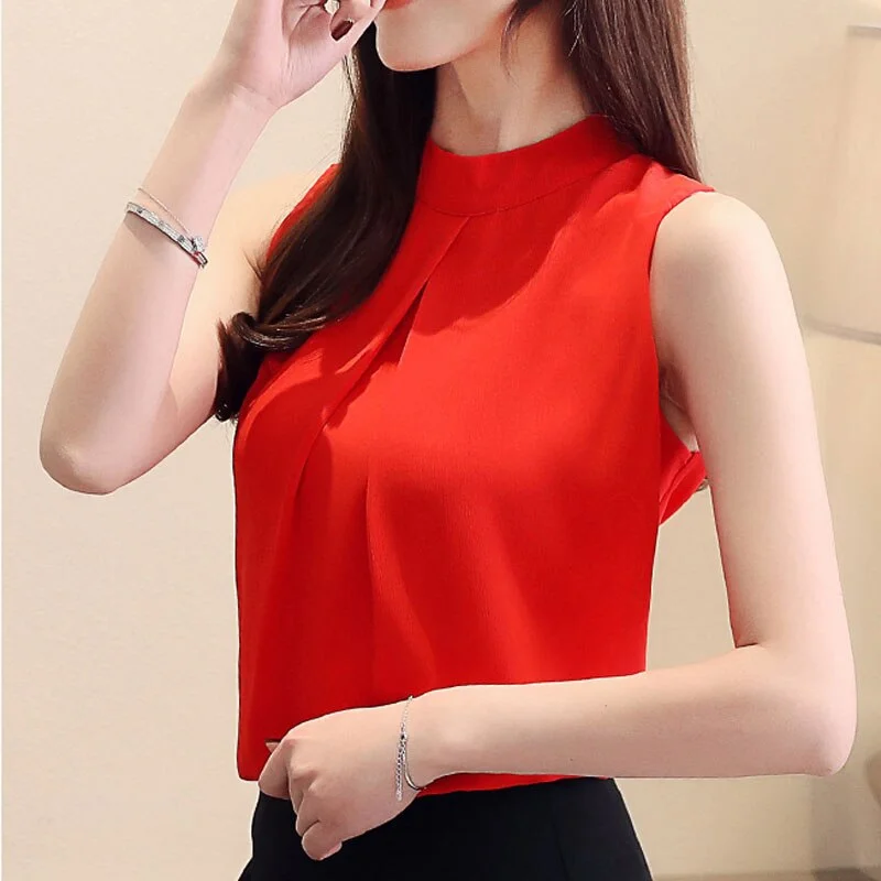 2021 New Elegant Sleeveless Women's Shirts O-Neck Chiffon Blouse Pink Shirts Femininas Womens Clothes Blusas Mujer De Moda 3884