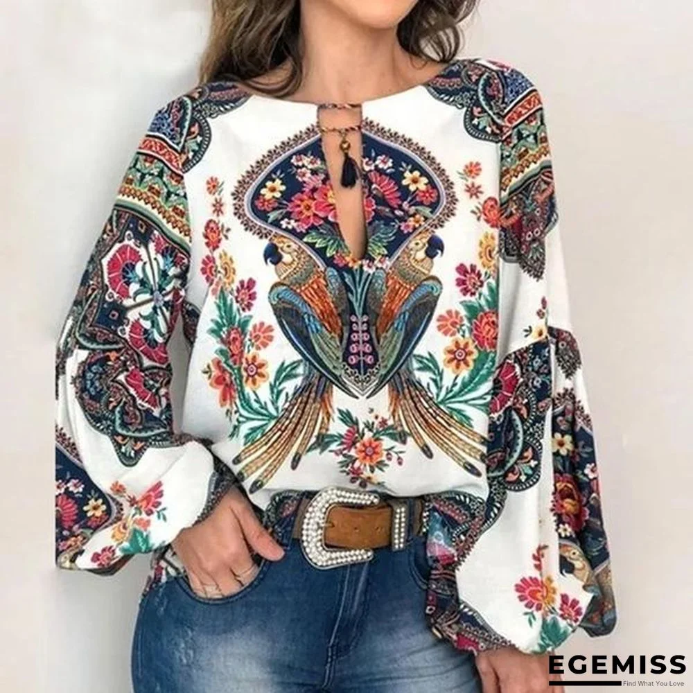 5XL Boho Floral Print Lantern Sleeve Shirt Sexy Lace-up Tassel O Neck Women Tops Blouse | EGEMISS