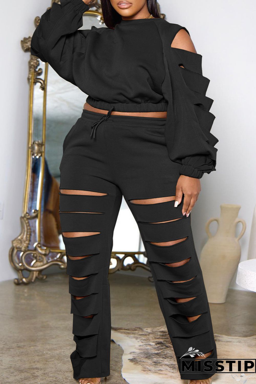 Black Casual Solid Ripped Hollowed Out O Neck Plus Size Two Pieces