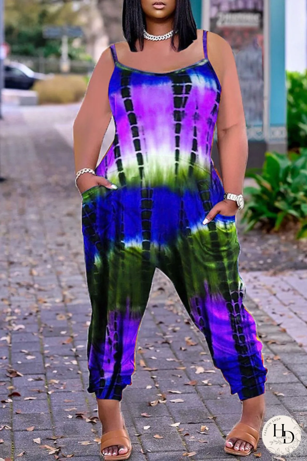 Red Fashion Casual Tie Dye Printing Spaghetti Strap Regular Jumpsuits