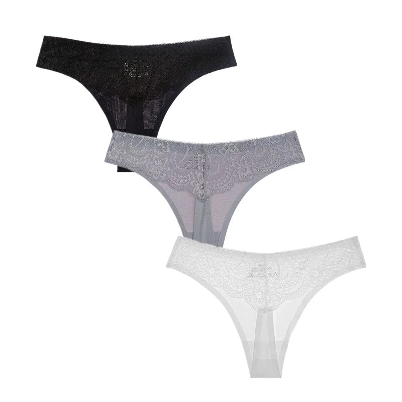 3Pcs/Lot Sexy Women G-string Thongs Lace Floral Sheer Low Waist Underwear Soft Lingerie Ice Silk Briefs Seamless Panties Soft