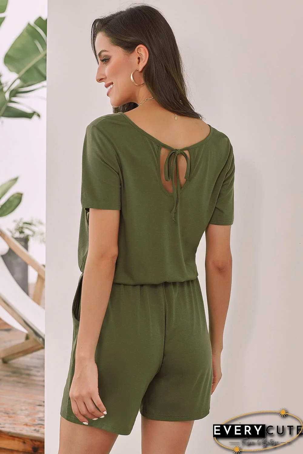 Green Casual Loose Short Sleeve Romper with Pockets