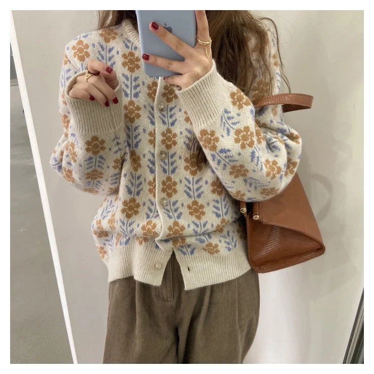 Flowers Cardigan Women Young Style Prairie Chic Knitted Sweater Raglan Sleeve Autumn Winter Elegent Cardigan Women Jumper Coat