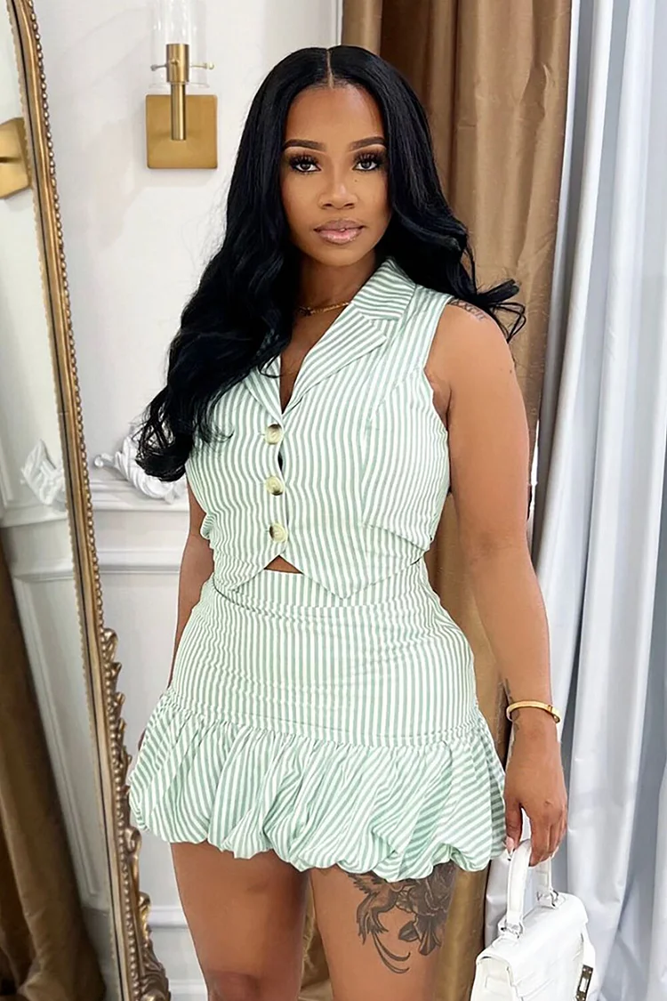 Striped Print Button Up Vest Bodycon Bubble Mini Skirt 2pcs Set-Green