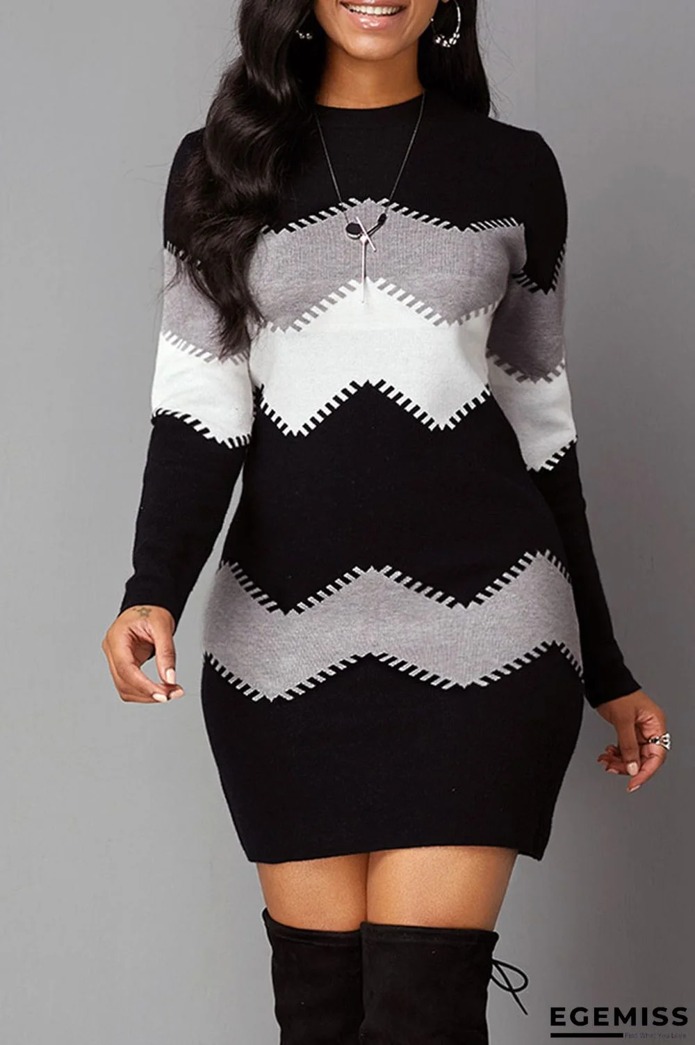 Black Casual Patchwork O Neck Pencil Skirt Dresses | EGEMISS