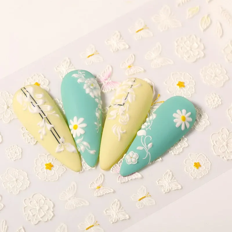 1 Sheet White Embossed Flower Lace Sticker Decal Wedding Nail Art Designs Floral Butterfly Japanese Manicures Nail Decoration