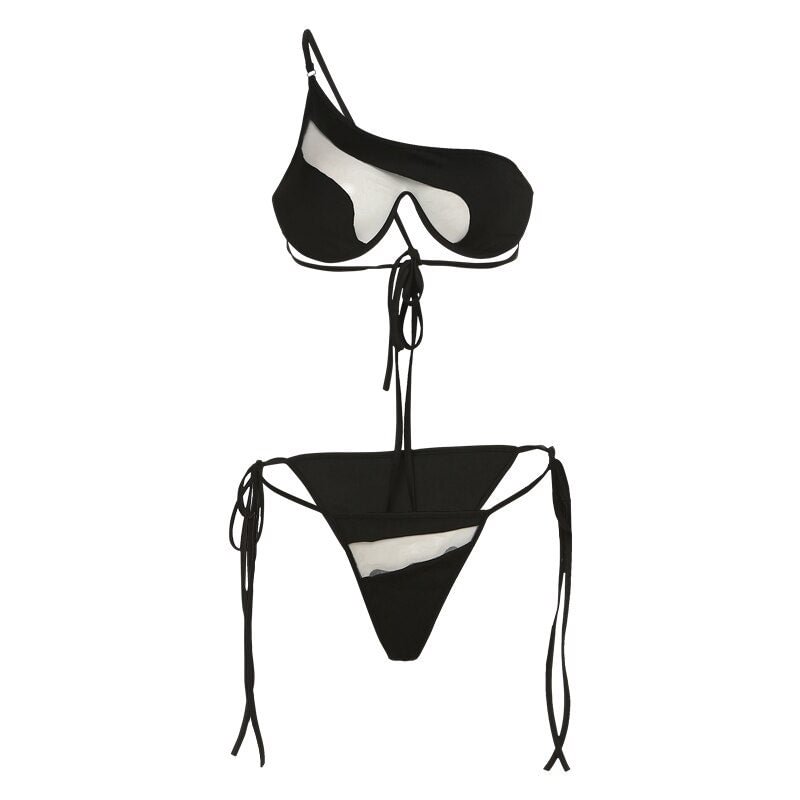 Yiallen Summer Sexy Patchwork See Through Bikini Set for Women One Shoulder Crop Top+Drawstring Shorts Matching Beachwear Hot
