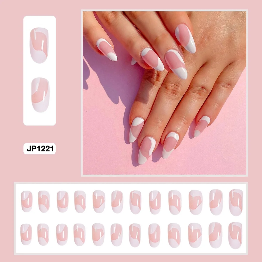 24Pcs/Set French Contracted Artistic Line Drip Shaped Short Wearable False Nails With Glue Manicure Art Tools Fake Nails-Nail Inspo
