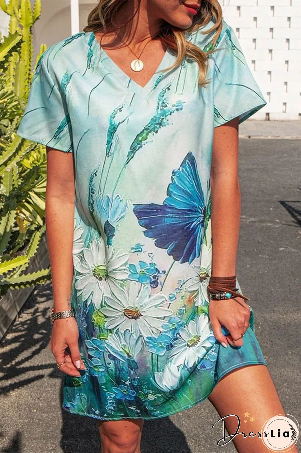 Short Sleeve V-Neck Floral Print Dress
