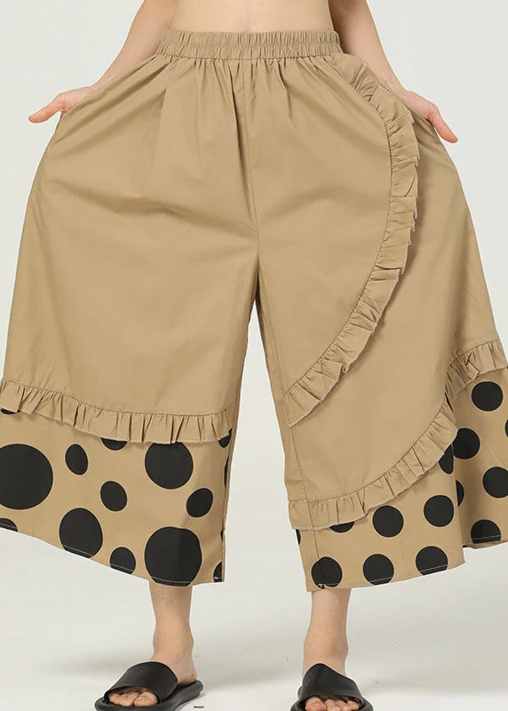 Chic Khaki Ruffled Pockets Print Cotton Wide Leg Pants Summer