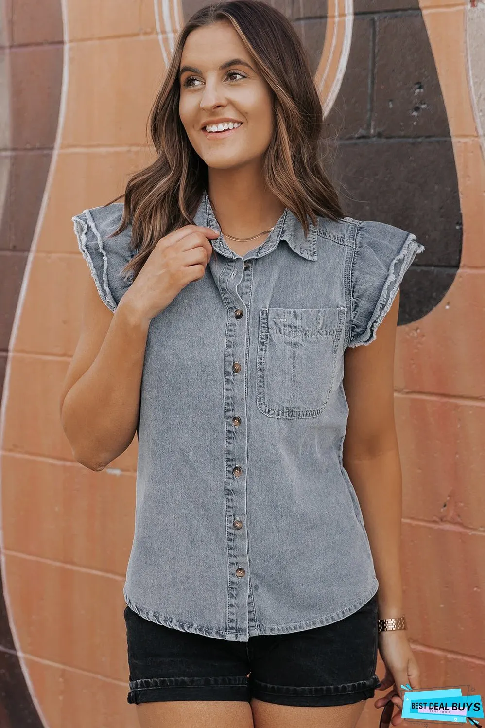 Frayed Ruffle Sleeve Denim Shirt