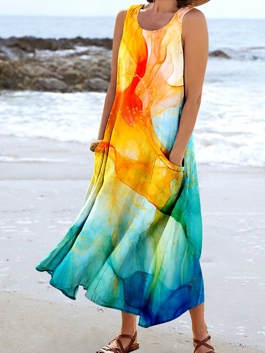Women's Watercolor Splash Fluid Art Print Flowy Dress