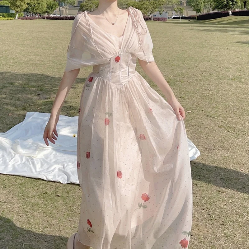 Vintage Flower Fairy Midi Dress Women French Mesh Backless Design Long Dress Female Summer Classy Holiday Beach Party Dress 2023