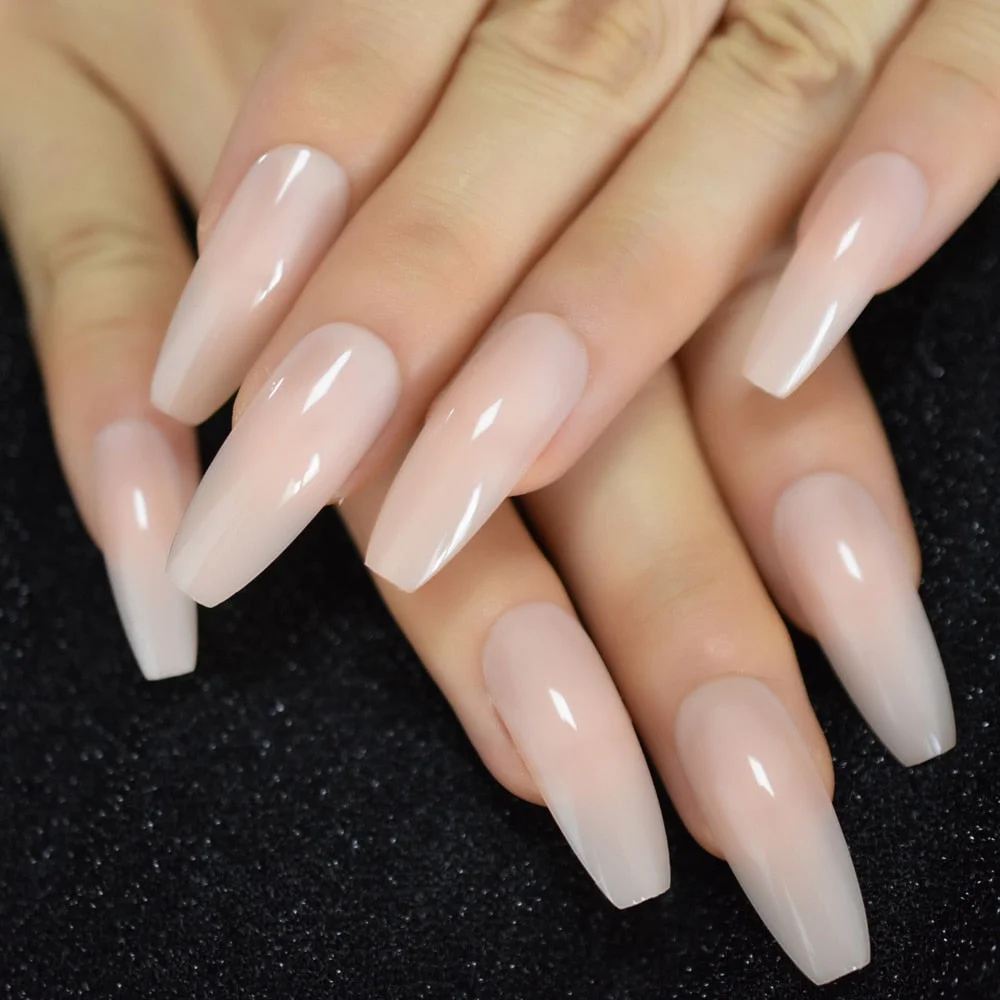 Nude Extra Long Fake Nails Coffin Full Cover Glossy False Nail Long Ballerina Nails with Glue Sticker-Nail Inspo