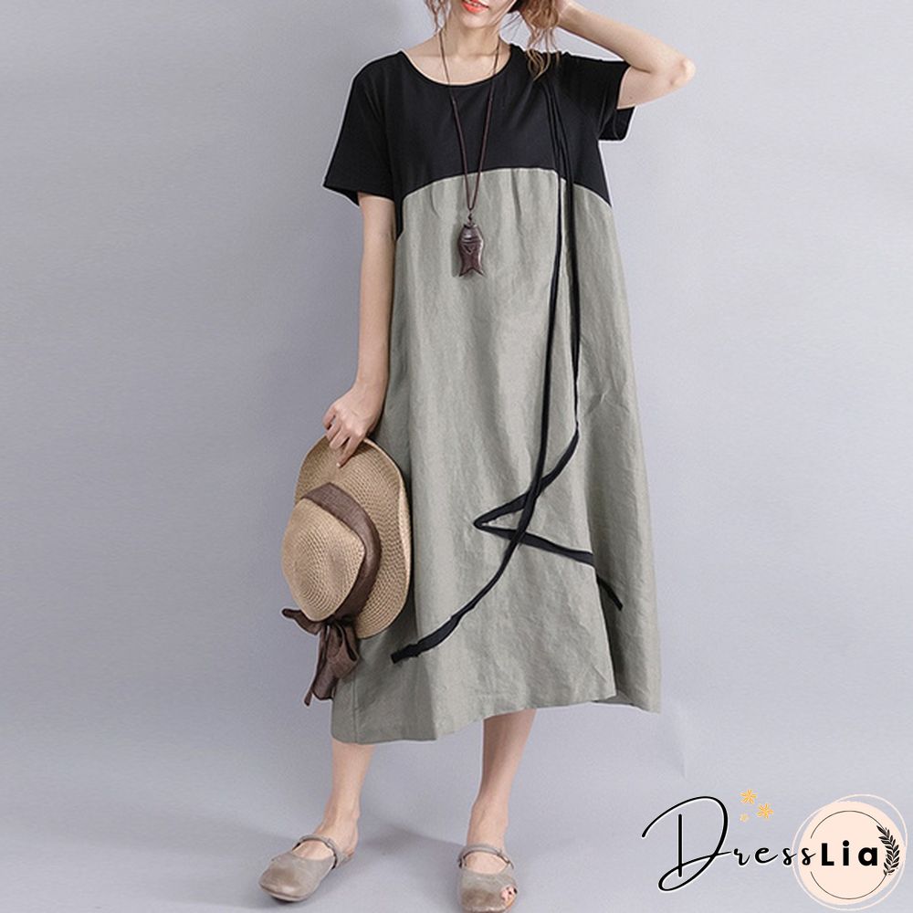 Boho Vintage Women Pullover Loose Patchwork Maxi Long Dress Casual Baggy Vestidos Robes