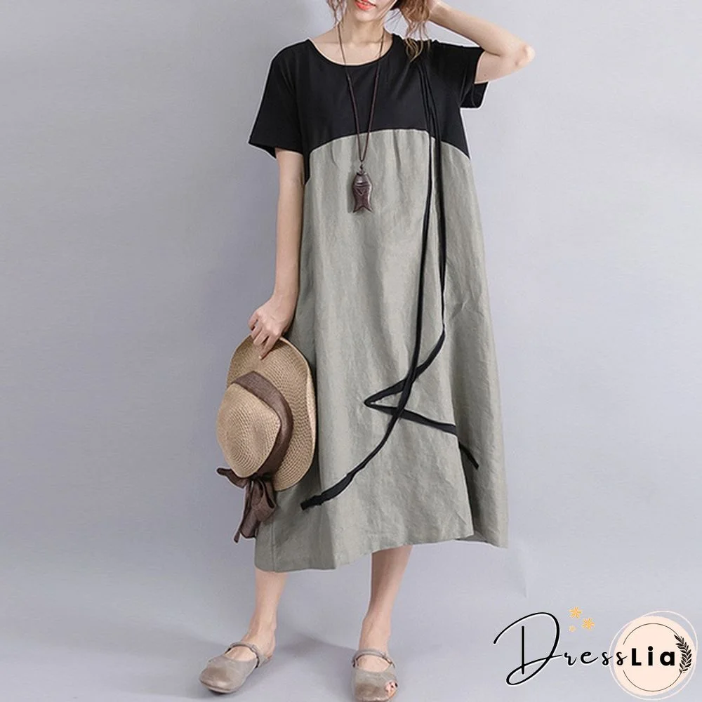 Boho Vintage Women Pullover Loose Patchwork Maxi Long Dress Casual Baggy Vestidos Robes