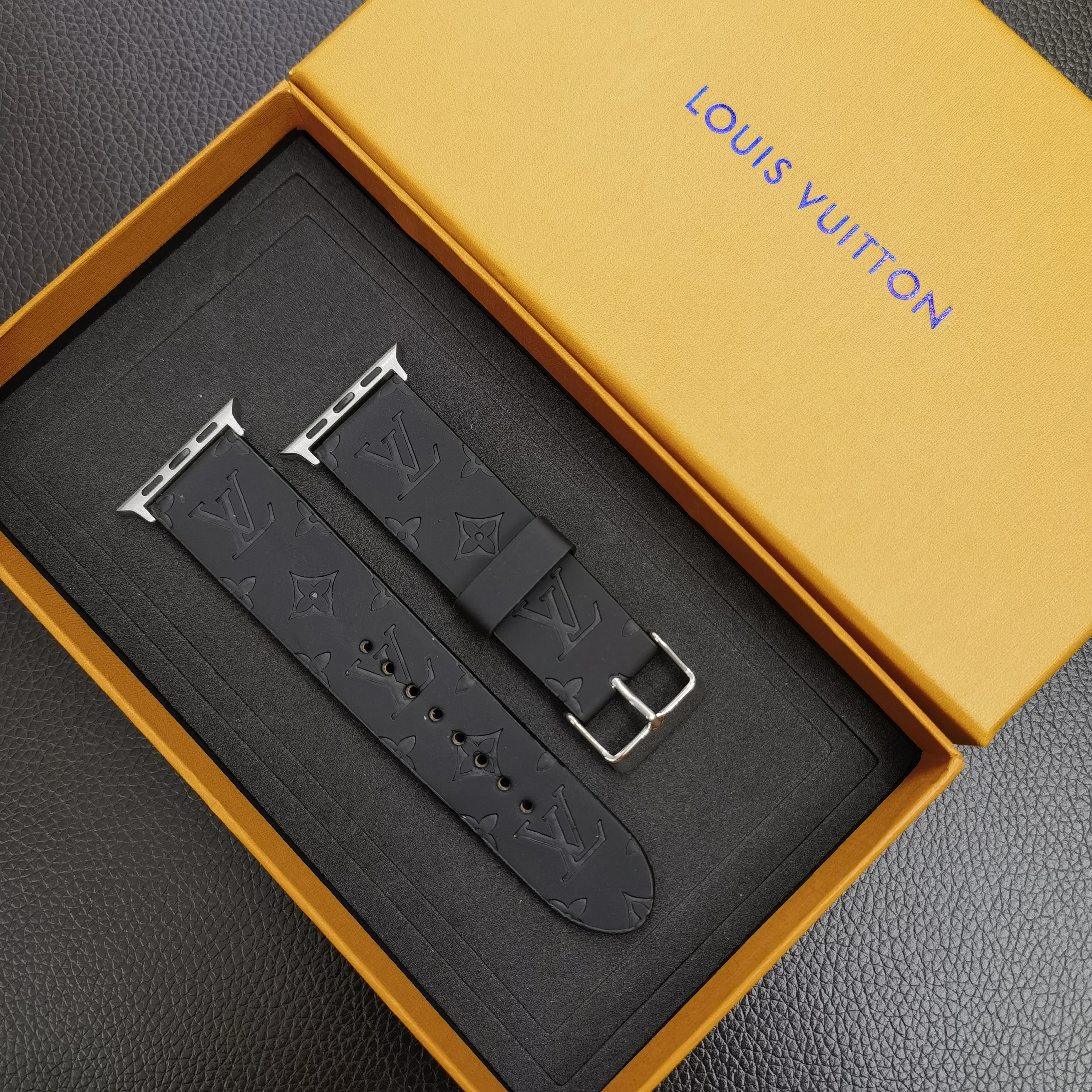 LV Black Genuine Leather 3D Embossed Apple Watch Replacement Strap