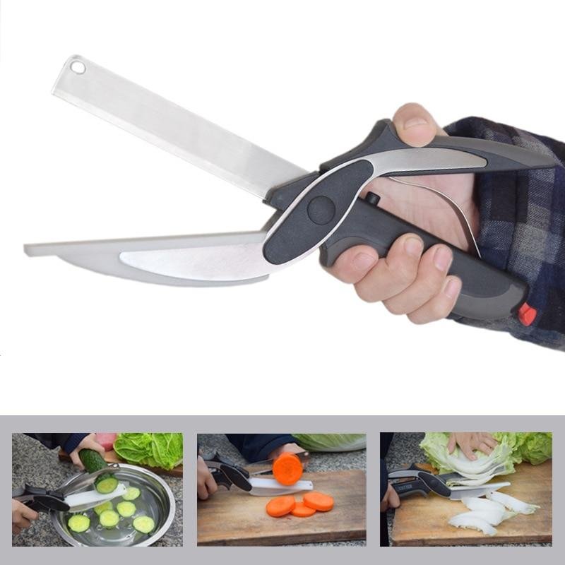Stainless Steel Ourdoor Smart Vegetable Clever Cutter 2 In 1 Cutting Board And Knife Scissors