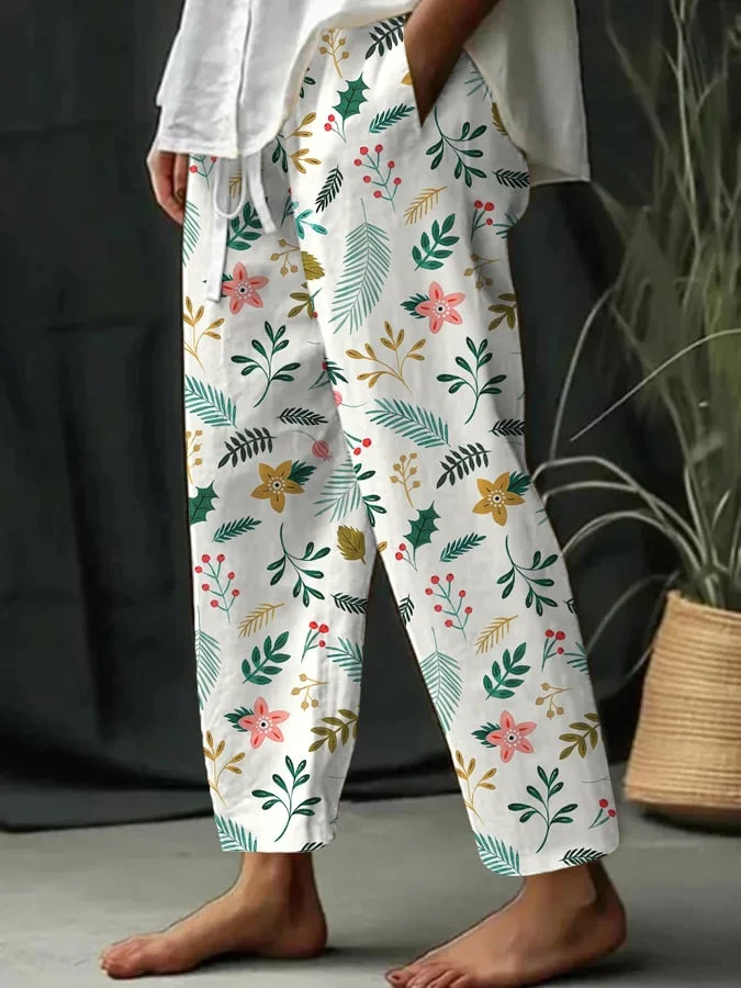 Women's Floral Design Print Lace-Up Loose  With Elastic Waist Casual Pants