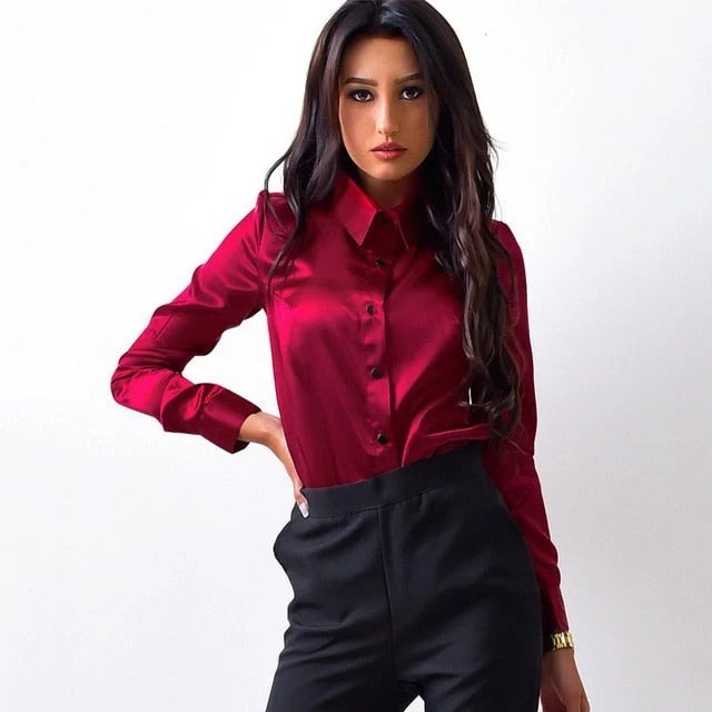 Blusa Women Blouse Elegant Wine red Green Satin Shirt Turn Down Collar Longth Sleeve Female Formal Office OL Blouse Women Tops