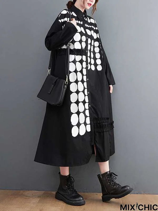 A-Line Long Sleeves Asymmetric Buttoned Polka-Dot Lapel Midi Dresses