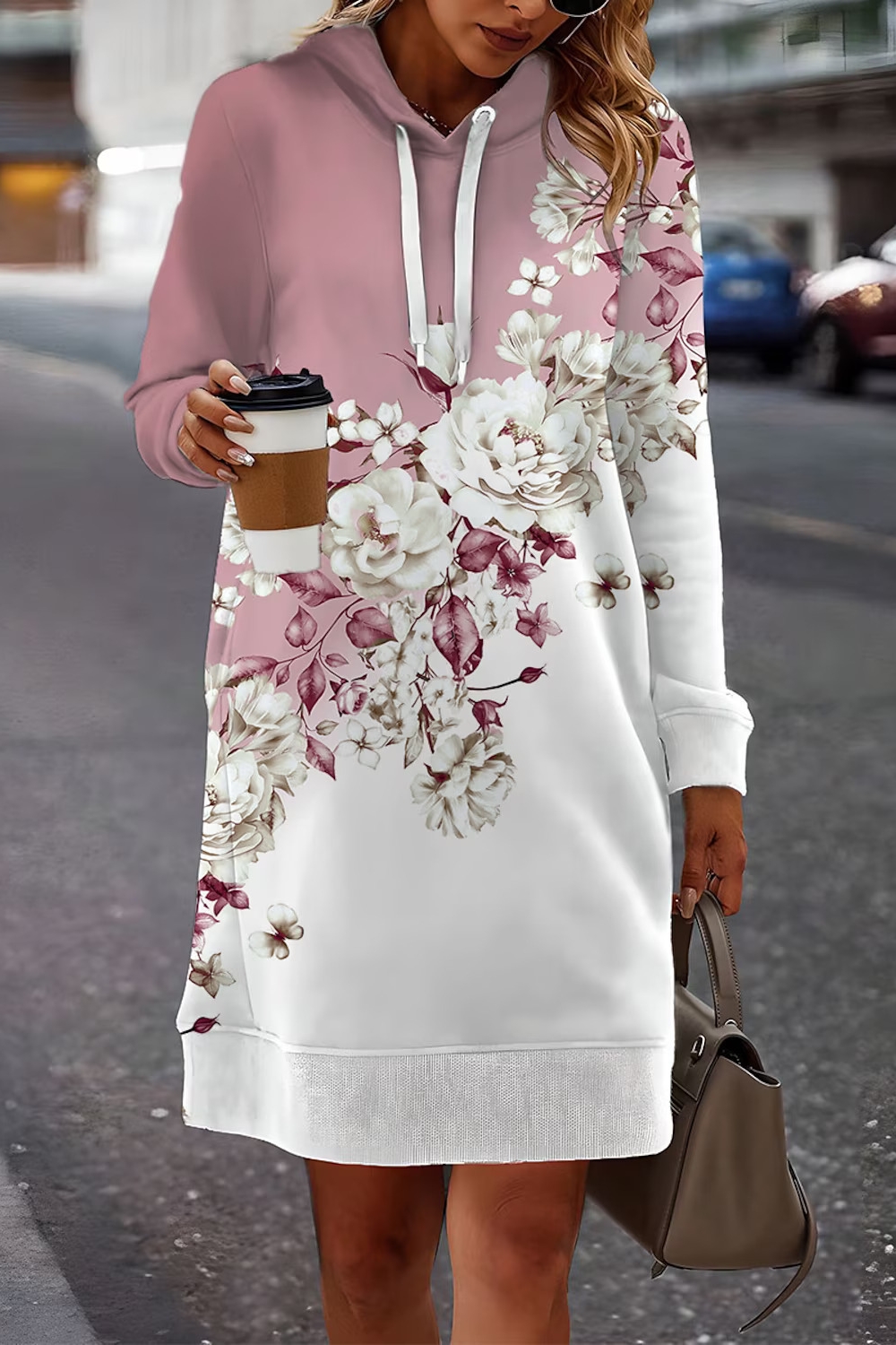 Women's Fashion Loose Printed Long Skirt Floral Thickened Hooded Sweatshirt