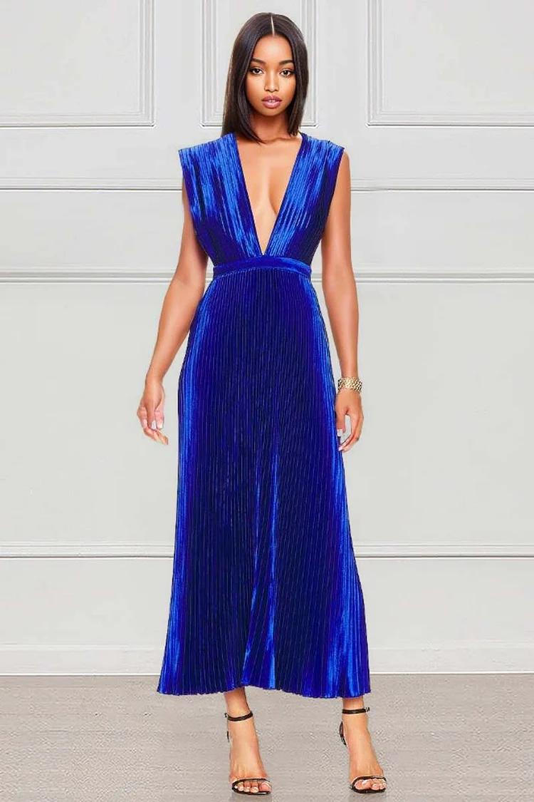 Sleeveless Pleated Deep V Neck V-Shaped Backless A-Line Gowns Midi Dresses 
