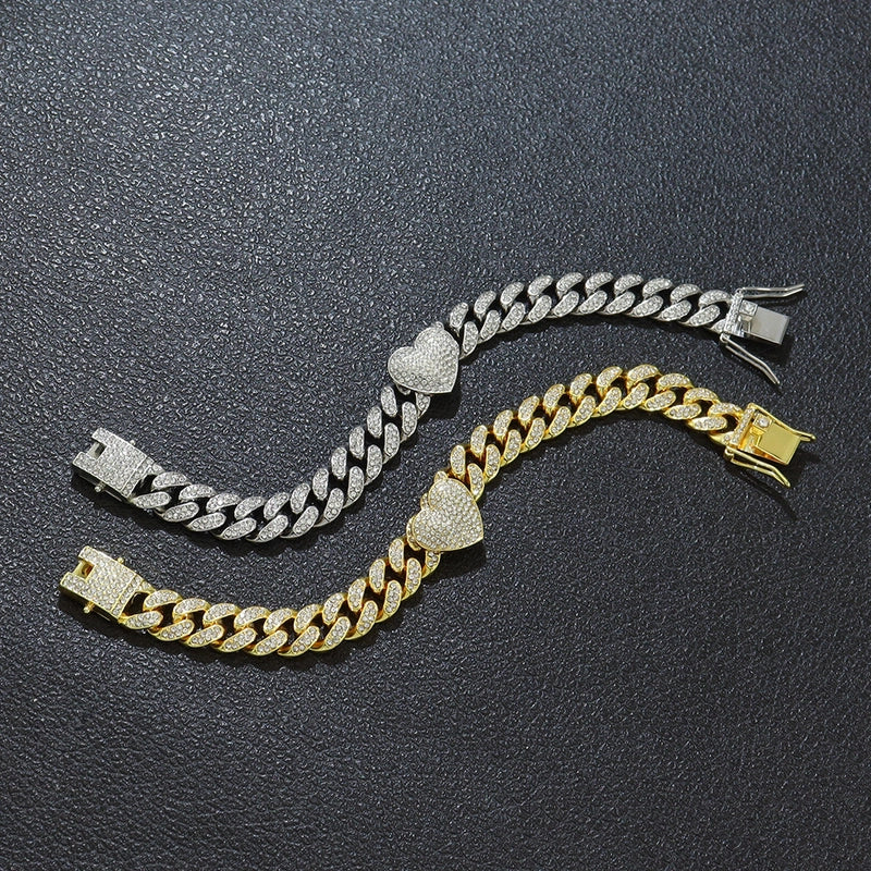 Cool Three-Dimensional Fully Jeweled Loving Heart Heart-Shaped Creative Cuban Link Chain Bracelet Hip Hop Style Couple Bracelet Bracelet