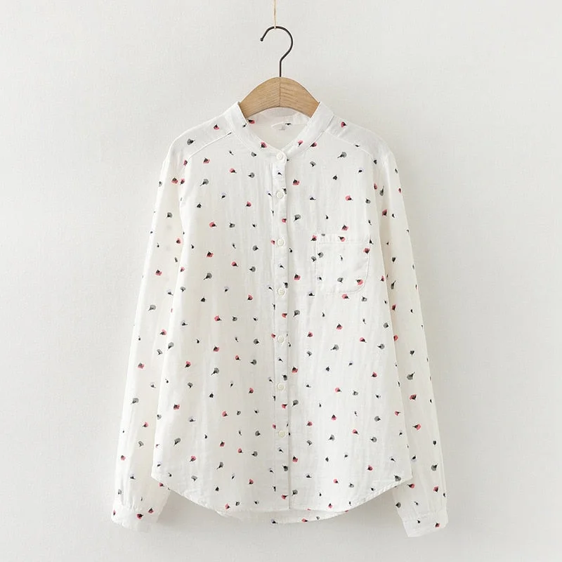 Autumn New Women Dandelion Print Cotton White Shirt Breathable Stand Collar Button Up Blouse Female Casual Basic Tops T18601F