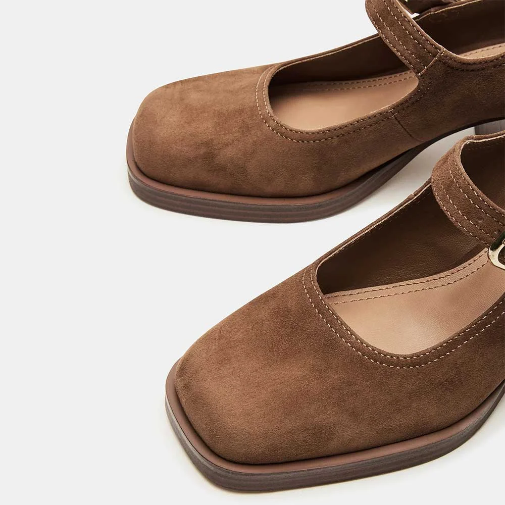 Brown Vegan Suede Square Toe Block Heel Buckle Women Mary Jane Shoes
