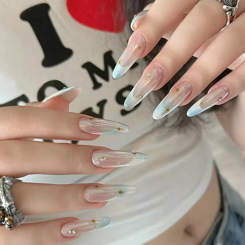 Wwshell 30Pcs Wine Red Fake Nails With Gradient Print Design Long Stiletto False Nails Wearabe Almond Press on Nails Full Cover Tips