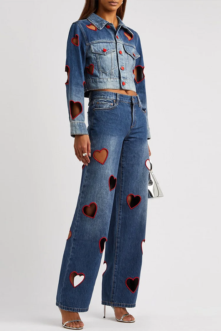 Heart Shaped Hollow Out Straight Leg Denim Jeans-Blue