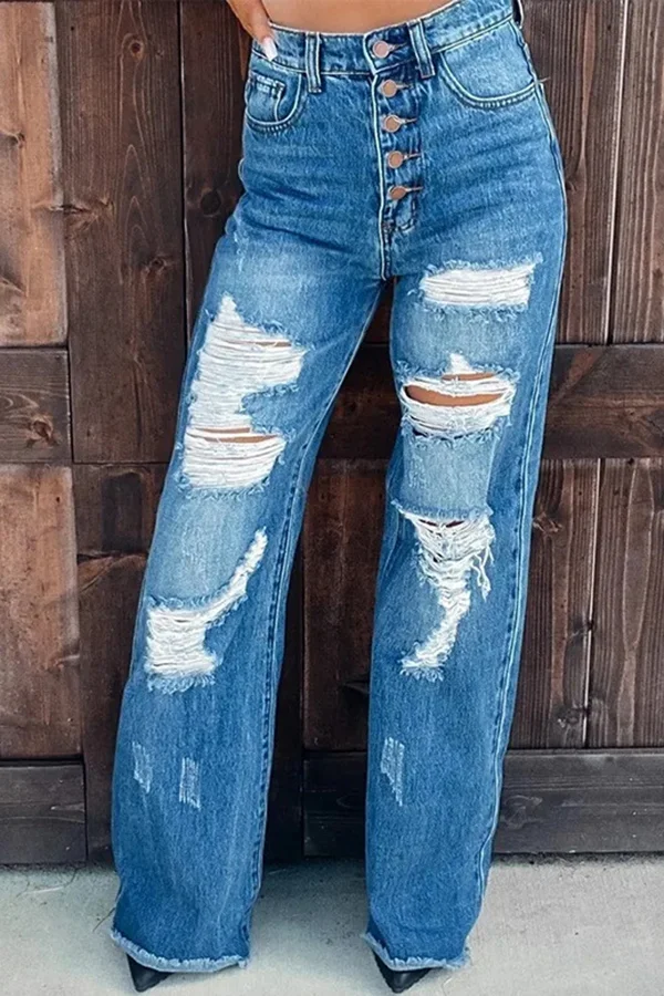 Fashion Casual High Waisted Ripped Wide Leg Jeans