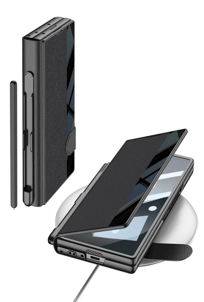 Samsung Z fold6 mobile phone case plain leather bracket folding screen anti-fall flip cover leather case shell film integrated pen slot