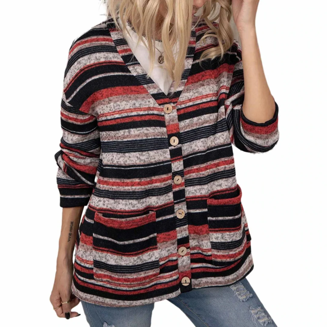 V-Neck Knit Button Cardigan Sweater Pocket Long Sleeve Top