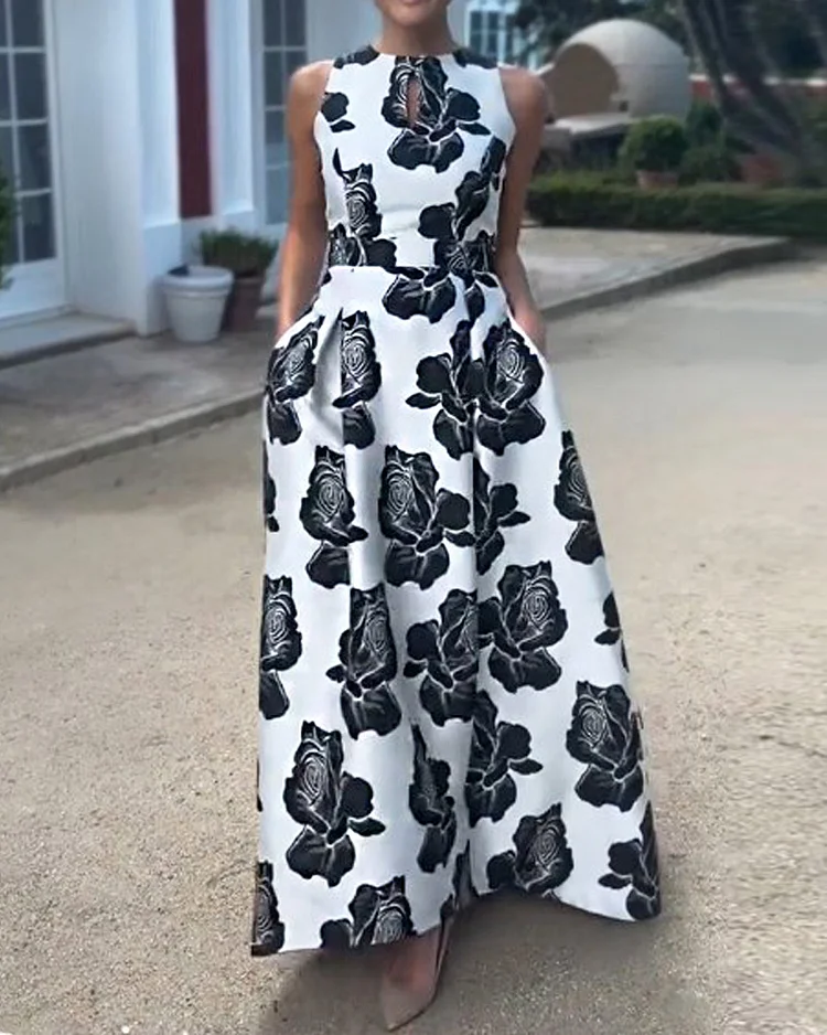 Round neck printed waist dress